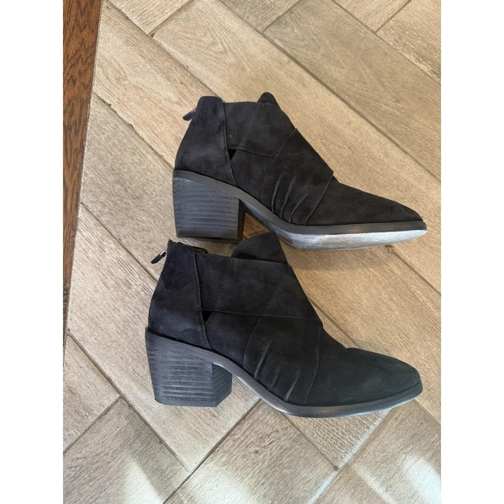 Eileen Fisher Boots Womens 7 Black Suede Ankle Booties Back Zip Block Heel Class